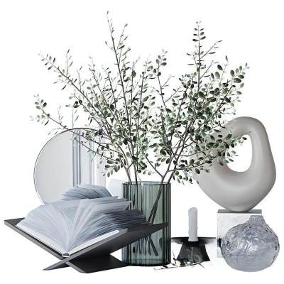 现代摆件组合 陈设品 花瓶 雕塑 菜谱书架